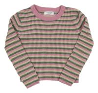 Růžovo-tmavozeleno-smetanový pruhovaný žebrovaný žinylkový crop svetr PRIMARK
