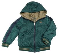 Smaragdový šusťákový zateplený oboustranný bomber s nápisy a pruhy a kapucí Benetton