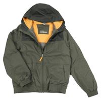 Tmavokhaki/šedá šusťáková funkční zateplená bunda s logem a kapucí Quechua