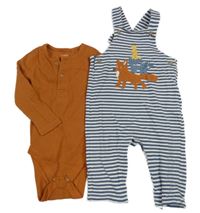 2Set - Tmavomodro-bílé pruhované laclové tepláky se zvířátky + cihlové žebrované body M&S