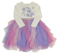 Nové - bílé šaty s jednorožcem a hvězdičkami z flitrů a růžovo-fialovým tylem PRIMARK