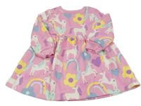 Růžové teplákové šaty s jednorožci a srdíčky a květy F&F