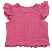 Tmavorůžové vzorované perforované crop tričko s volánky SHEIN