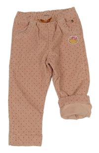 Světlerůžové puntíkaté manšestrové podšité kalhoty s nášivkou s kamínky a mašlí Original Marines