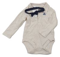 Nové - 2Set - Světlebéžové melírované žebrované body s medvídkem a límečkem + tmavomodrý motýlek F&F