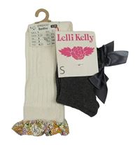 Nové - 2x ponožky - smetanové žebrované podkolenky s květovaným volánem + tmavošedé melírované s mašlemi