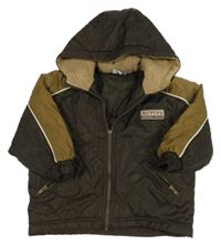 Tmavohnědo-hnědá šusťáková zateplená bunda s nášivkou a kapucí Topolino