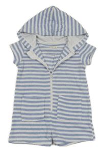 Modro-bílý pruhovaný froté kraťasový overal s kapucí