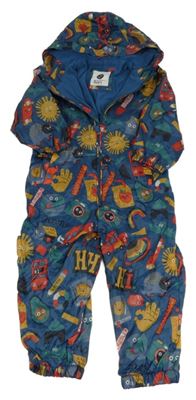 Petrolejová šusťáková lehce zateplená kombinéza s obrázky a kapucí Tu