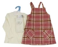 Nové - 3set - Starorůžovo-hnědo-smetanové kostkované vlněné laclové šaty + smetanové žebrované triko + punčocháče Primark