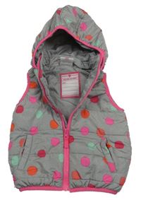Šedo-růžová puntíkatá šusťáková zateplená vesta s kapucí Topomini