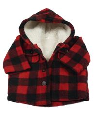 Červeno-černá kostkovaná fleecová zateplená bunda s kapucí Benetton