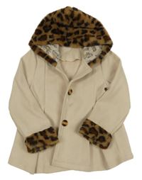 Béžový kabátek s kožešinovým lemem a kapucí 