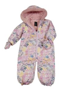 Nové - Růžová šusťáková květovaná vzorovaná zimní kombinéza se zvířátky a kapucí + rukavice Dunnes Stores