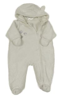 Smetanová plyšová zateplená kombinéza s nášivkami a kapucí + rukavice Ergee