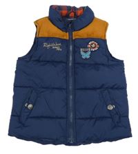 Tmavomodro-medová šusťáková zateplená vesta s nápisem 