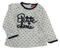 Bílo-tmavomodro-červené triko s nápisem a mašlemi 