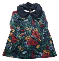 Tmavomodro-barevné květované plyšové šaty s límečkem H&M