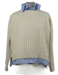 Dámský smetanový žebrovaný svetr s modrou halenkovou vsadkou Primark 