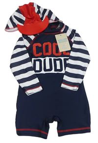 2set- Tmavomodro-pruhovaný UV overal s nápisem+ kšiltovka Primark