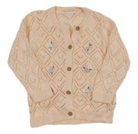 Světlerůžový perforovaný propínací svetr s kytičkami