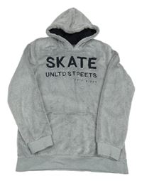 Šedo-bílá melírovaná chlupatá mikina s nápisem a kapucí C&A