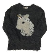Antracitový chlupatý svetr s jednorožcem H&M
