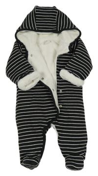 Černo-bílá pruhovaná tepláková zateplená kombnéza s kapucí Mamas&Papas
