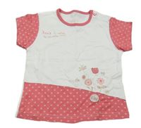 Bílo-růžové vzorované tričko s potiskem a výšivkou 