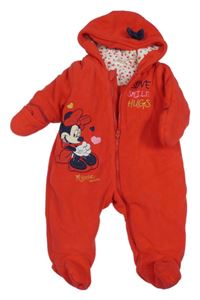 Červená fleecová zateplená kombinéza s Minnie a kapucí 