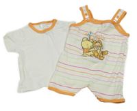 2set - bílo-barevný pruhovaný kraťasový overal s medvídkem Pú + smetanové tričko C&A