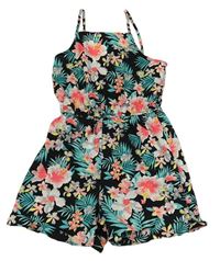 Černo-zeleno-růžový květovaný kraťasový lehký overal Primark