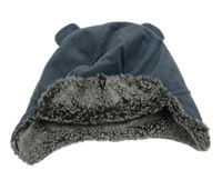 Šedomodrá manšestrová ušanka s oušky Tu