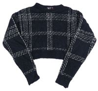 Tmavomodro-bílý kostkovaný crop svetr New Look