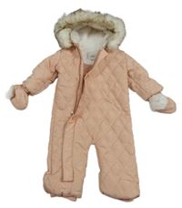 Světlerůžová prošívaná šusťáková zimní kombinéza s kapucí + rukavice River Island