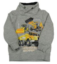 Šedá melírovaná mikina se stavebními stroji a stojáčkem