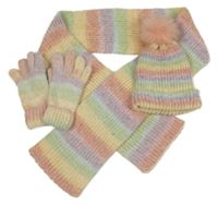 3set - Barevná pruhovaná čepice s bambulí + šála + rukavice Next