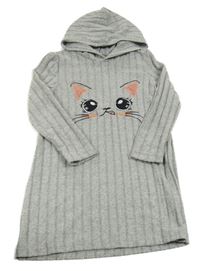 Šedé úpletové žebrované šaty s kočkou a kapucí 