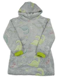 Šedá chlupatá oversize mikina s dinosaury a kapucí 