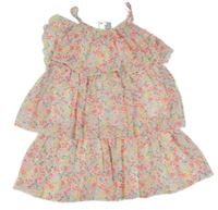 Nové - Bílo-neonové květované šifonové vrstvené šaty H&M