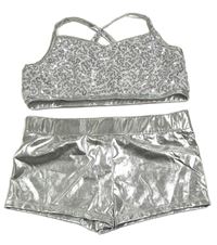 2set - Bílo-stříbrný crop top s flitry + kraťasy Iefiel