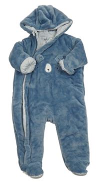 Modrá chlupatá zateplená kombinéza s medvídkem a kapucí Mothercare