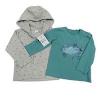 Nové - 2set - Šedá propínací mikina se vzorem a kapucí + mátové triko s nosorižcem Next