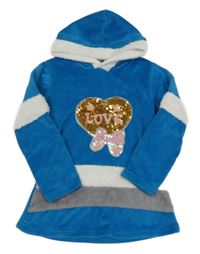 Modro-šedo-bílá sametová mikinová tunika se srdíčkem z flitrů a kapucí 