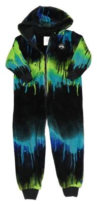 Zeleno-černo-modrá vzorovaná plyšová kombinéza s kapucí Next 