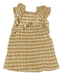 Oranžovo-žluto-bílé kostkované mušelínové lněné šaty s volánky Zara 