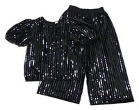 2set - Černé sametové flitrové tričko + culottes kalhoty Tu