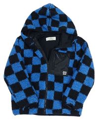 Tmavomodro-modrá kostkovaná huňatá podšitá bunda s kapucí H&M
