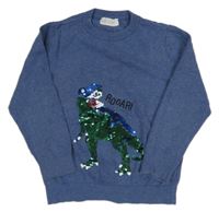 Tmavomodrý melírovaný svetr s dinosaurem z překlápěcích flitrů H&M