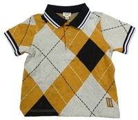 Světlešedo-medovo-černé kárované úpletové polo tričko RIVER ISLAND